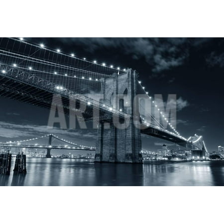 Brooklyn Bridge over East River at Night in Black and White in New York City Manhattan with Lights Print Wall Art By Songquan