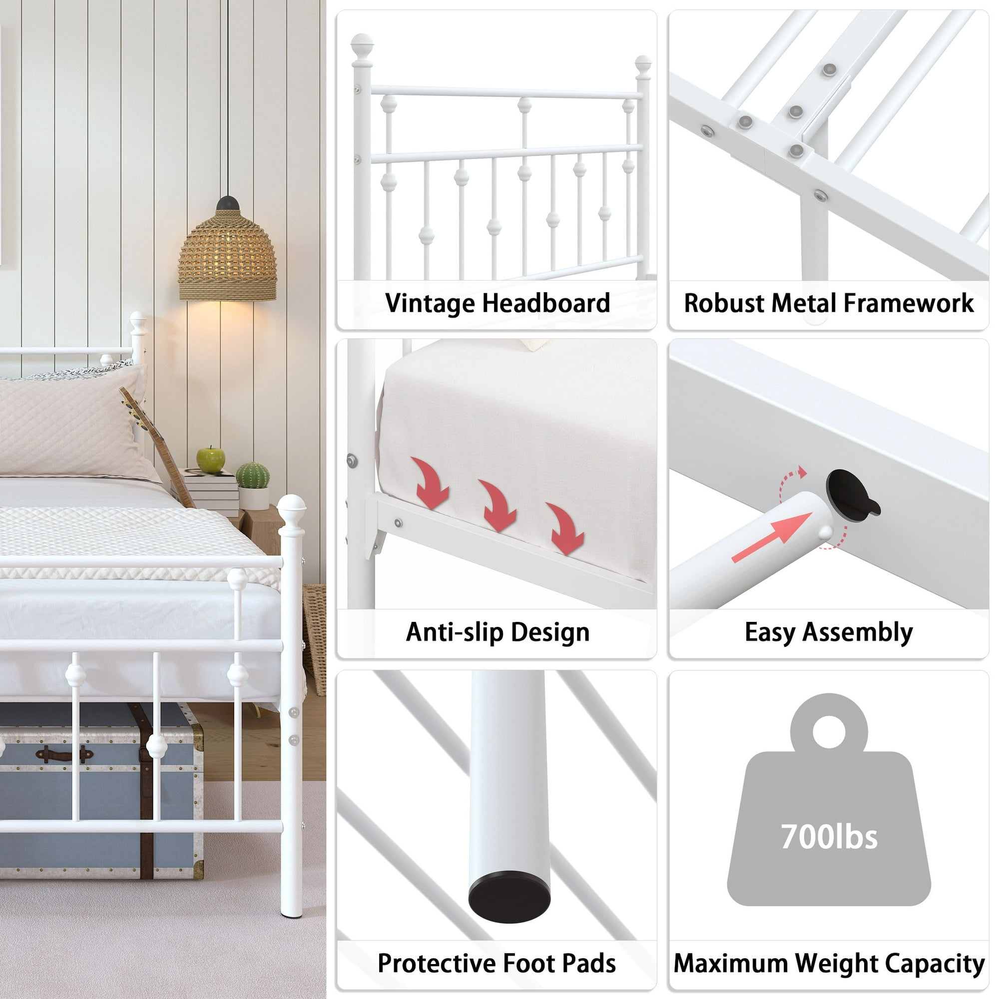 Yoneston Full Size Metal Platform Frame with Retro Headboard and 14-Inch Storage for Teens Adult, No Box Spring Needed - White