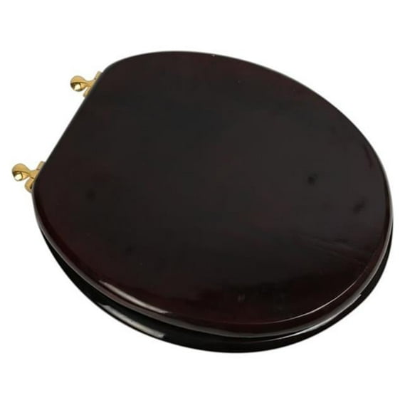 BathDecor Mahogany Finish Designer Solid Round Oak Wood Toilet Seat with Polished Brass Hinges
