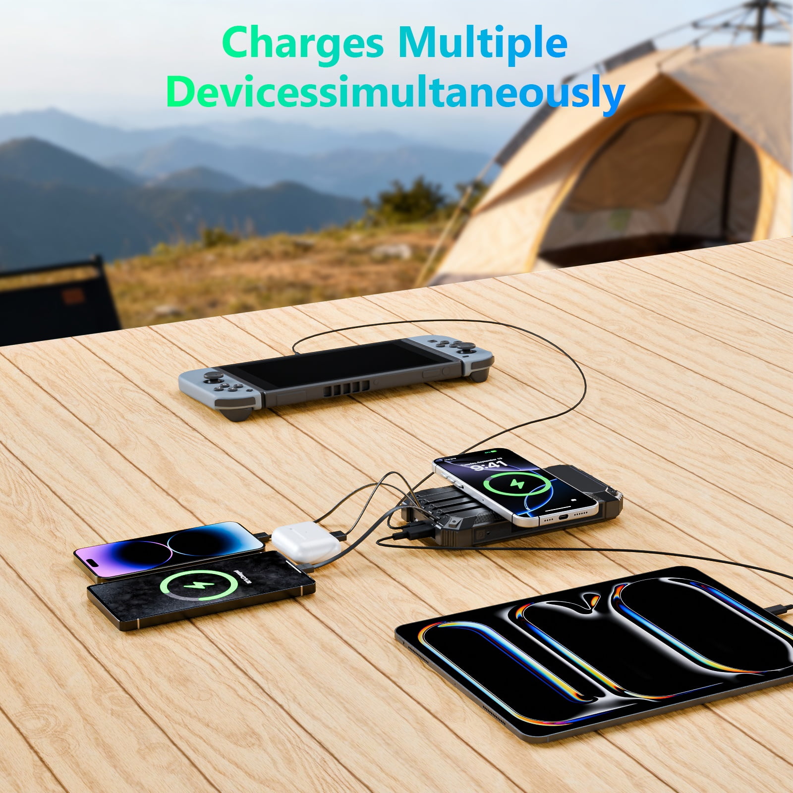CATGOOD 20000mAh Solar Power Bank, 22.5W Fast Charging Portable Charger with 4 Built-in Cables & 10W Wireless Charging, Travel Battery Pack with Camping Flashlight(Black)