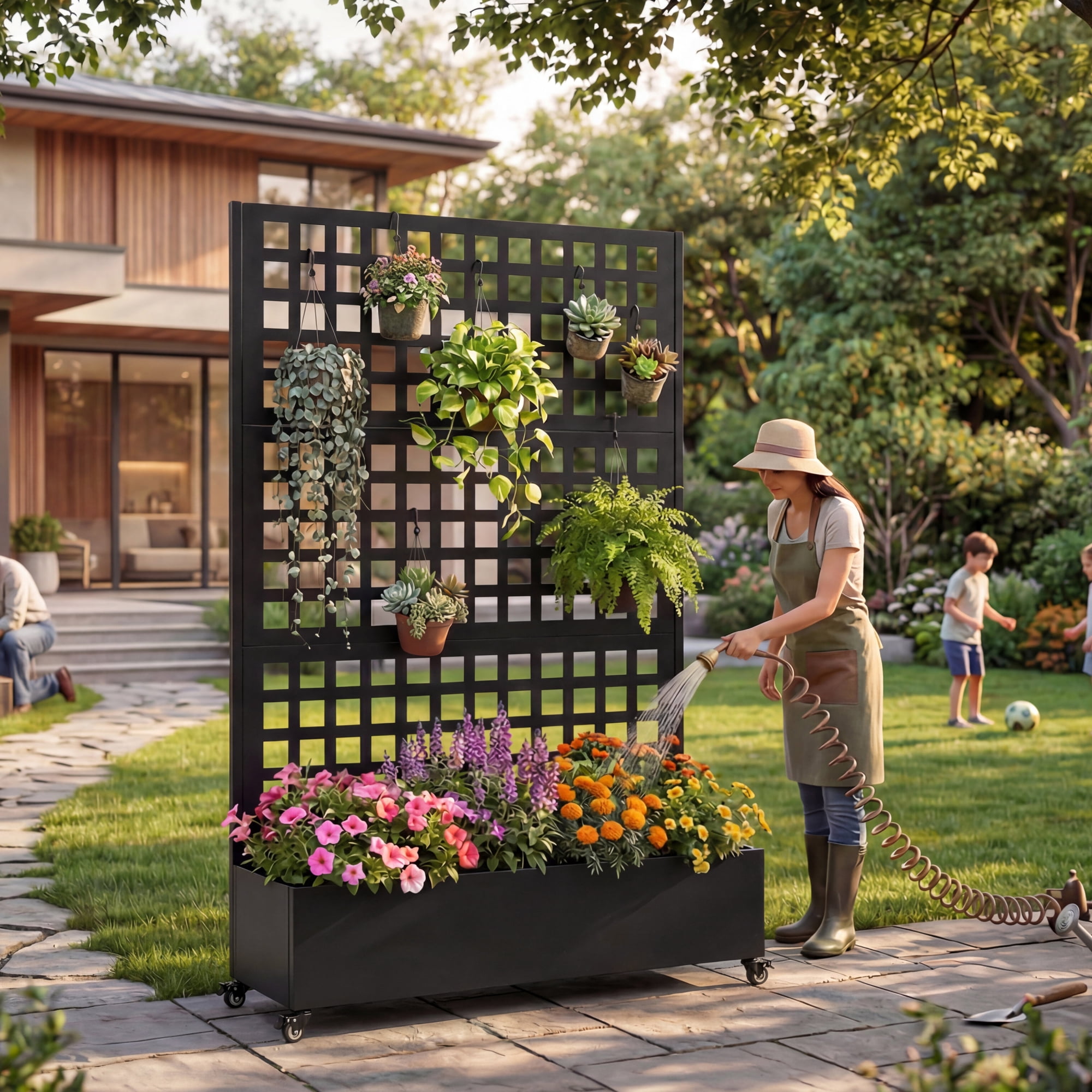 Jopath Metal Raised Garden Bed with Wheels and Trellis,Features Privacy Screen and Drainage Holes Planter Box for Climbing Plants, Vegetables and Vines 73"x47"x16" (Black 5)