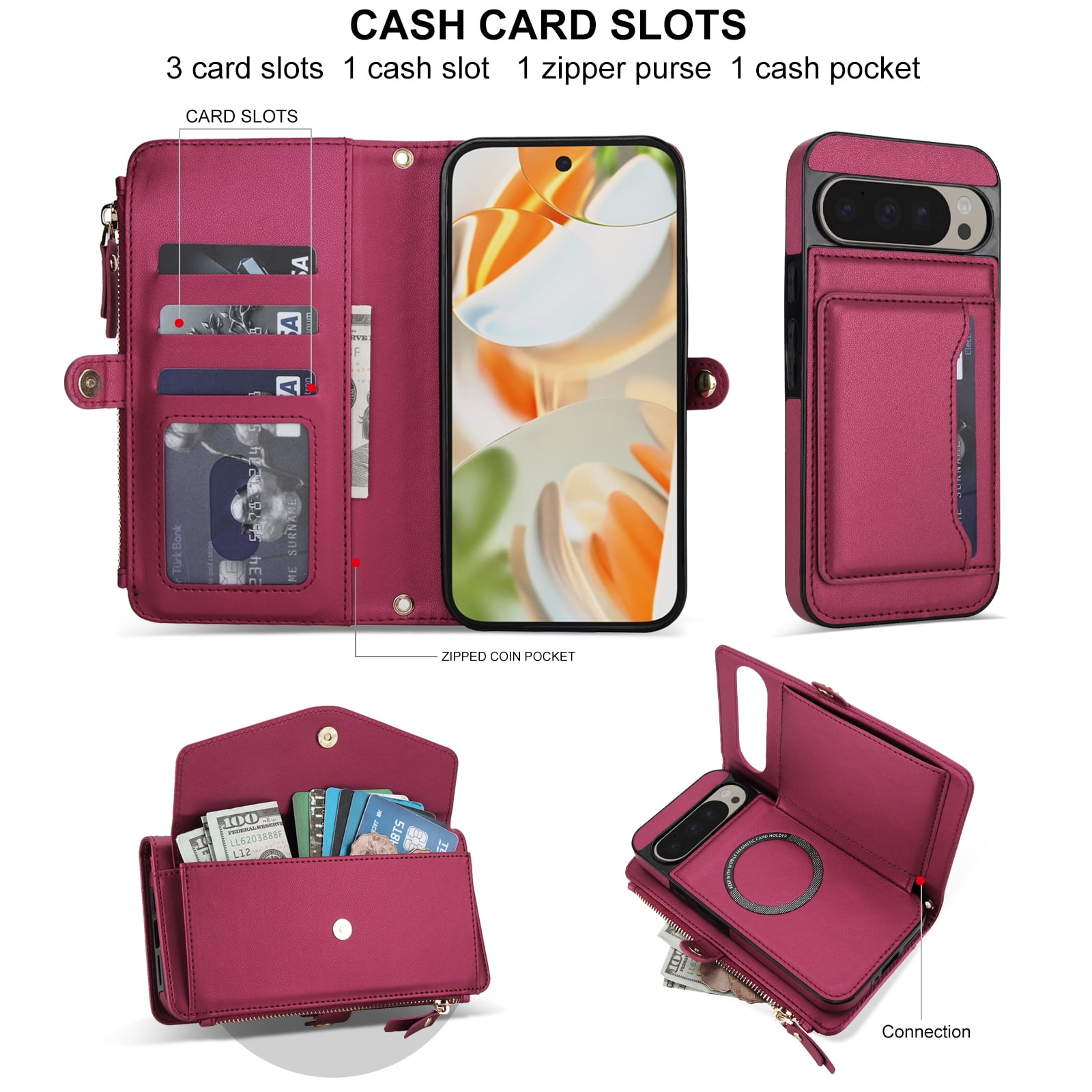 Designed for Google Pixel 9 / 9 Pro Multi-Function Wallet Phone Case,With Shoulder Strap&Wrist Strap,Cash Pocket&Card Slots,Zipper Purse,Magnetic Detachable PU Leather Flip Phone Case,Red