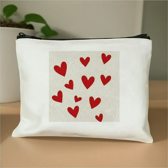 Pratyus Pink Love Tote Bag Cosmetic Bag for Women, Hearts Red Minimalist Makeup Travel Essentials, Ladies Accessories - Traveling Stuff, Gift Ideas White