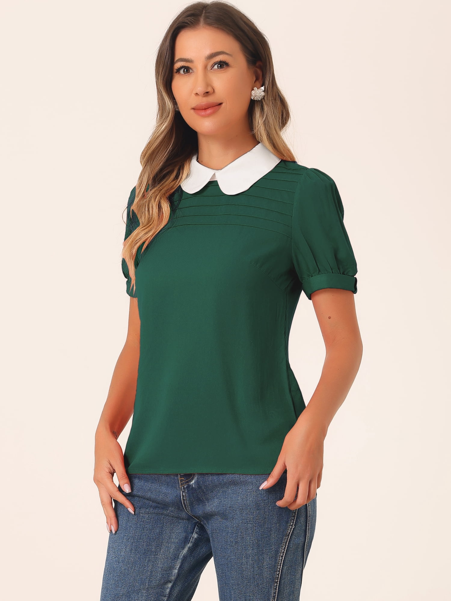 DARING DIVA Contrast Puff Short Sleeve Blouse Top S Dark Green