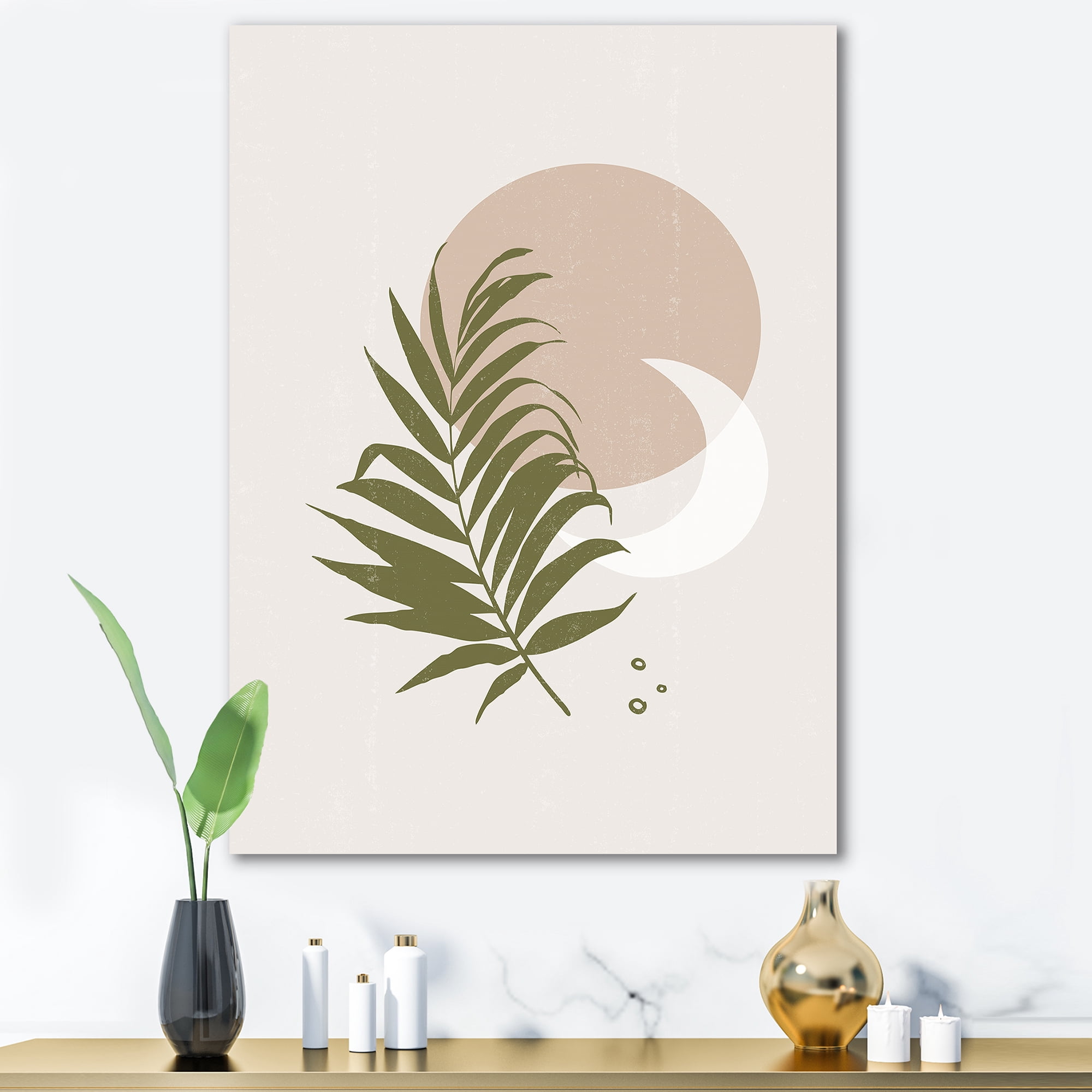 Designart ' Abstract Moon and Sun With Green Leaf II ' Modern Canvas Wall Art Print