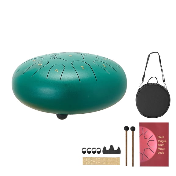 KFFKFF Steel Tongue Drum, 10-Inch 11-Note Percussion Instrument in C Major, Includes Music Book and Mallets, Ideal for Meditation, Yoga, Outdoor Use, and Beginner Music Learning, Green