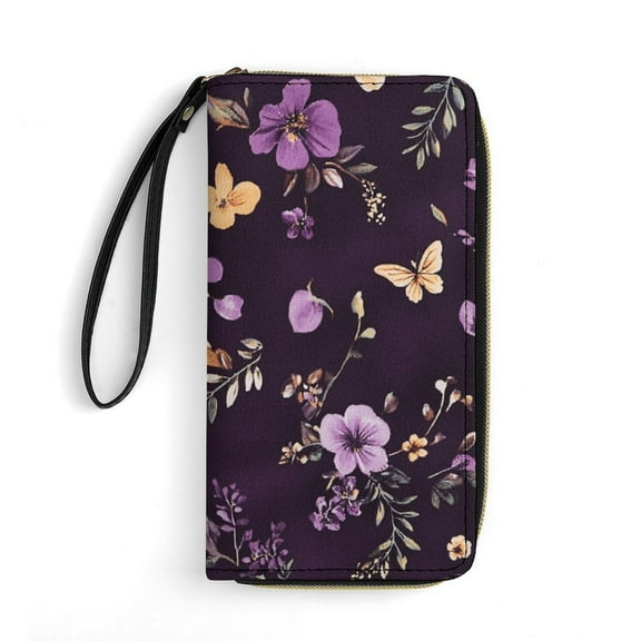 Womens Wallet Bifold Ladies Cluth Bag Wristlet Wrist Strap Long Purse Purple Butterfly Design