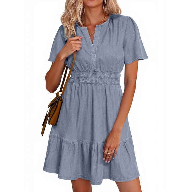 Vestido simple de mezclilla de verano para mujer, manga corta, azul