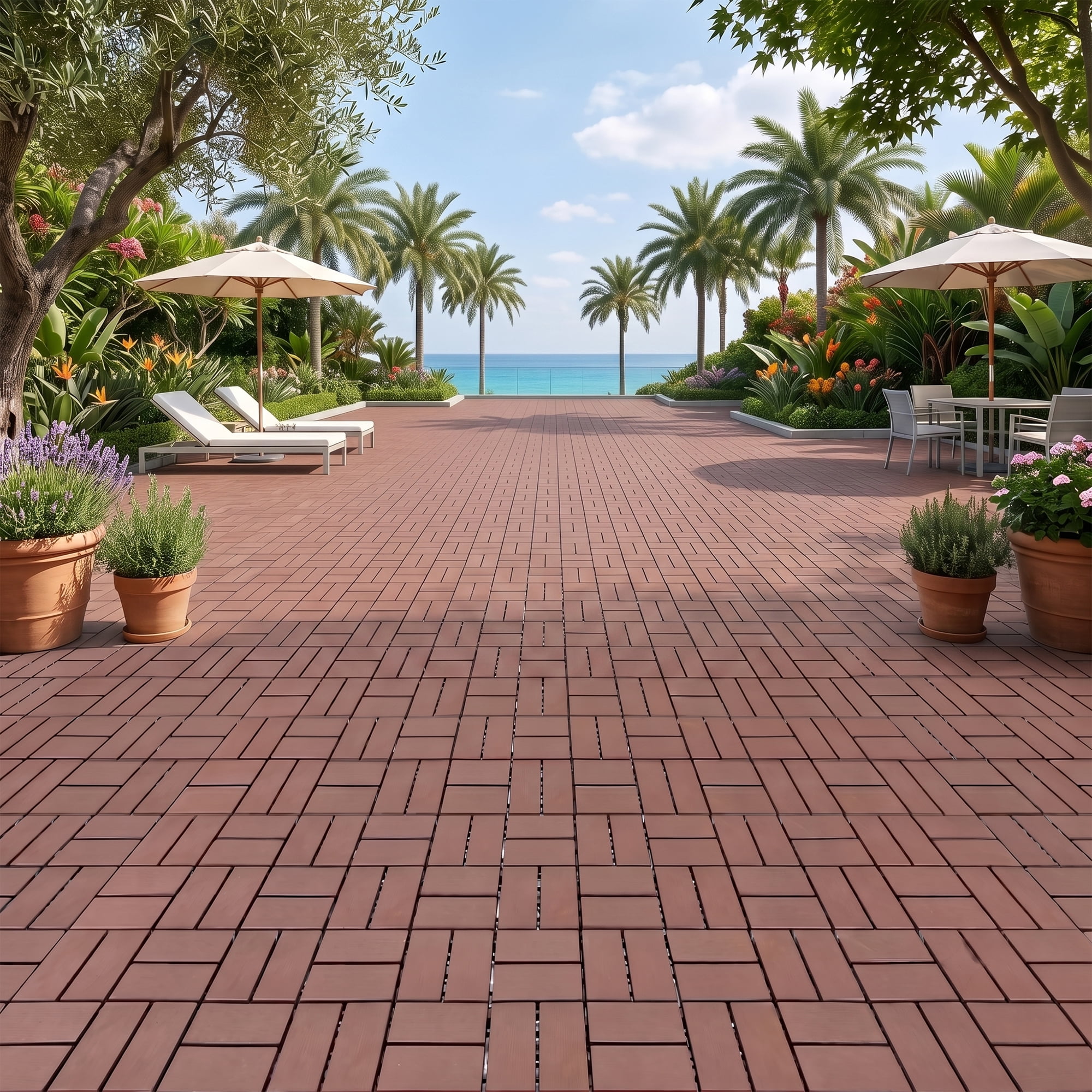 Interlocking Deck Tiles 12x12 in, Waterproof Non-Slip Outdoor Patio Flooring with Drainage Design, Snap Together Tiles for Poolside Porch Garden Backyard, Brown, 44pcs