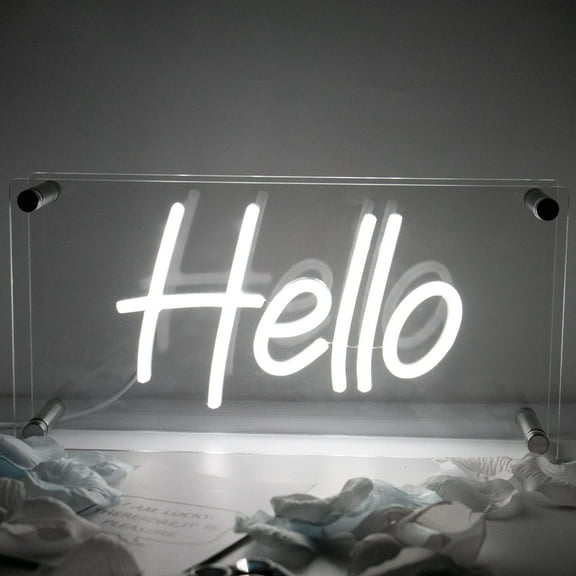 UPONRAY Hello Neon Sign White Hello Signs USB LED Desk Lightbox USB Powered Neon Light Sign with Dimmable Switch