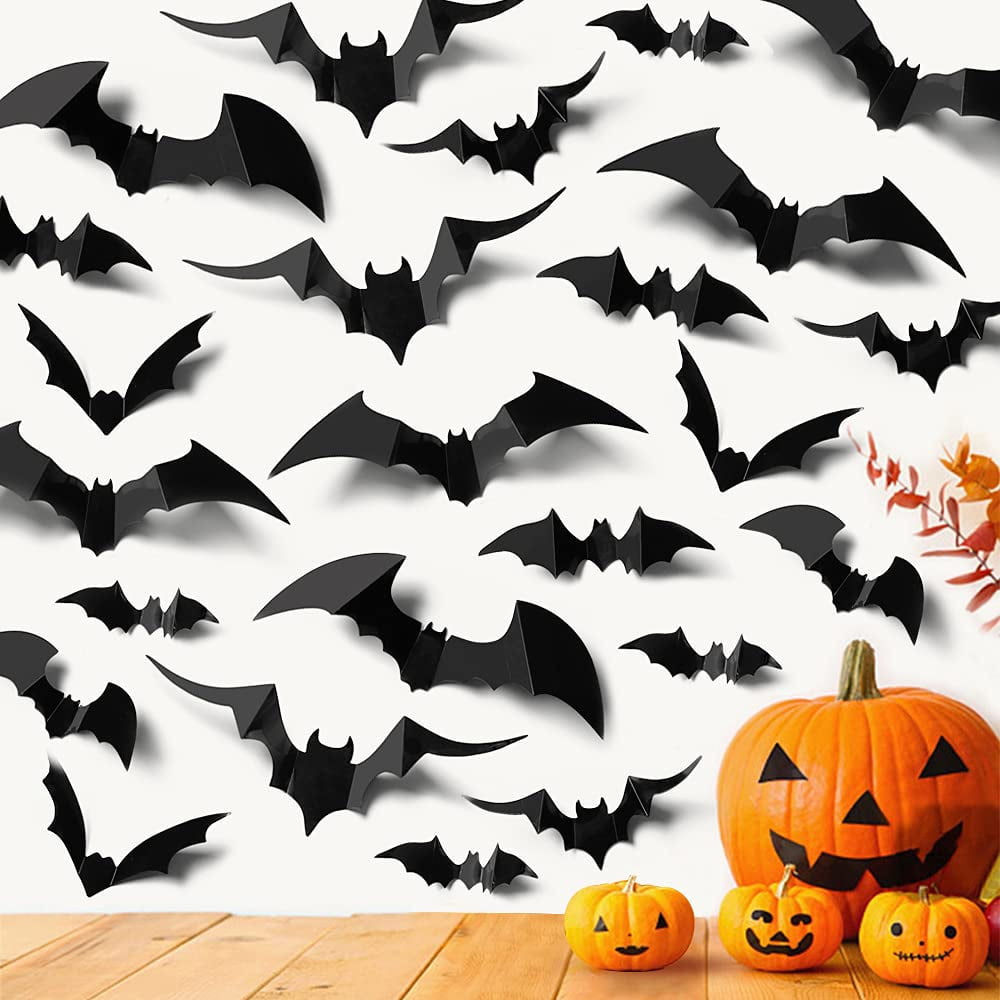 44Pcs Halloween Decorations Indoor 3D Bats Wall Stickers 4 Size for Home Decor, Extra Large Black Scary Bats Window Door Porch Decals Outdoor for Halloween Eve Party Supplies