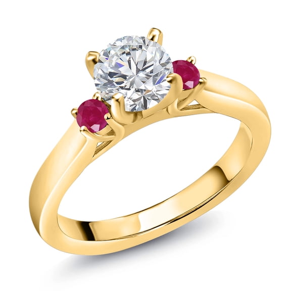 Gem Stone King 18K Yellow Gold Plated Silver Lab Grown Diamond and Red Ruby Engagement Ring for Women | 0.86 Cttw | Round 6MM | Gemstone April Birthstone | Size 6