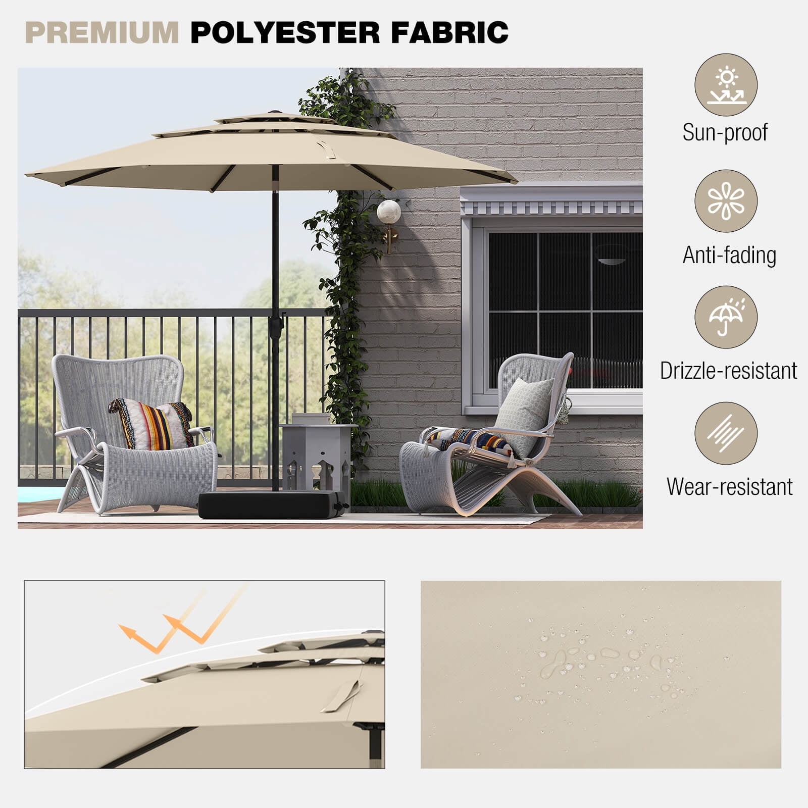 Costway 10 ft 3-tier Vented Patio Umbrella Large Market Table Umbrella Outdoor Sun Shade Beige