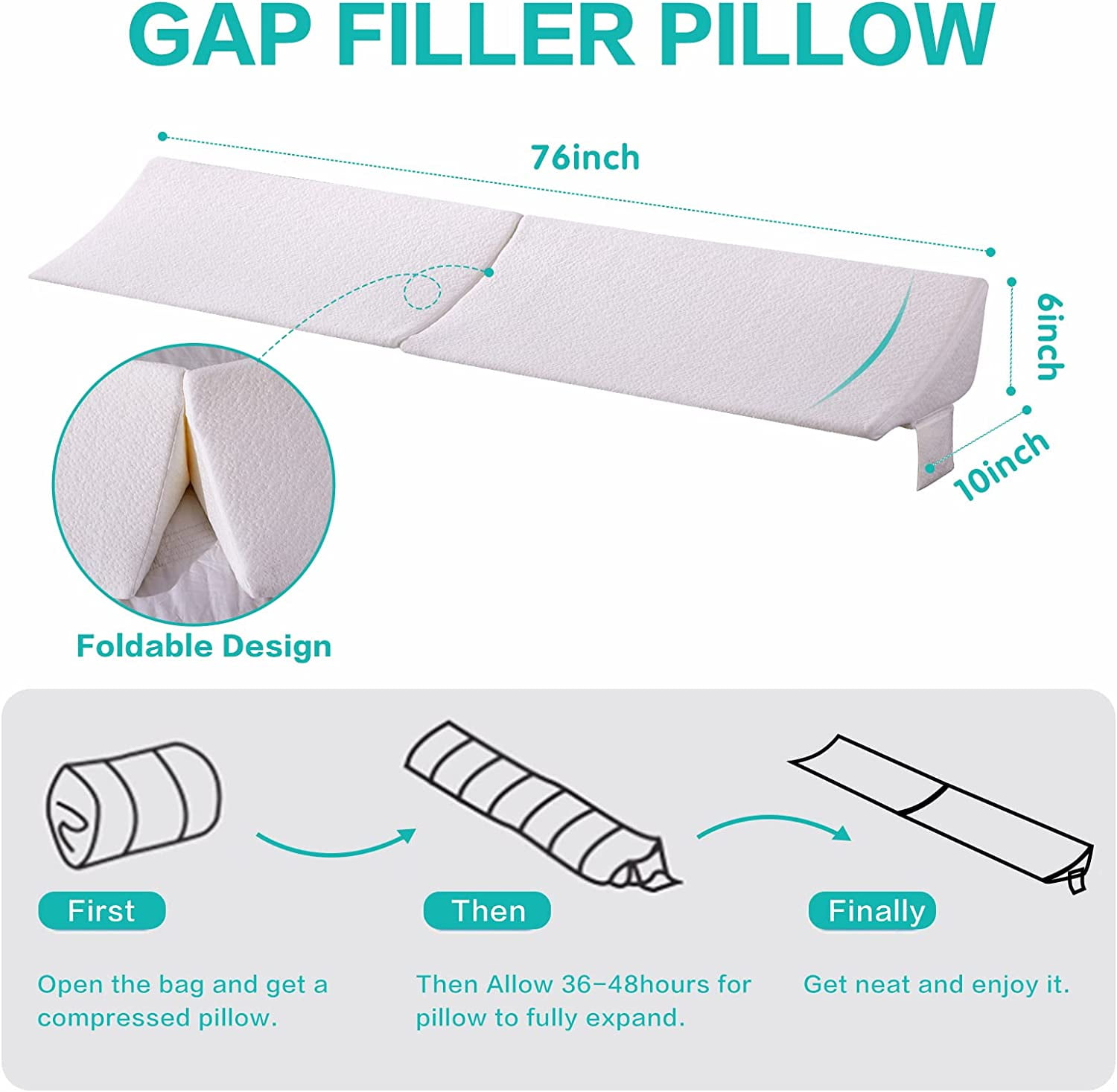 King Size Bed Wedge Pillow for Headboard Gap Filler Mattress Gap Filler (0-7") Sleep Backrest Pillow Between Mattress and Headboard White 76"x 10"x 6"