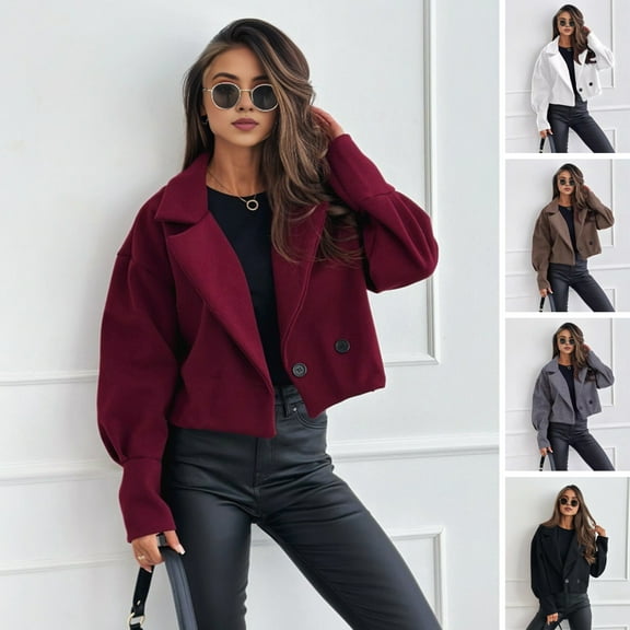 Women Fall Winter Coat - Short Type Turn-down Collar Solid Color Loose Button Closure Cardigan OL Commuting Jacket