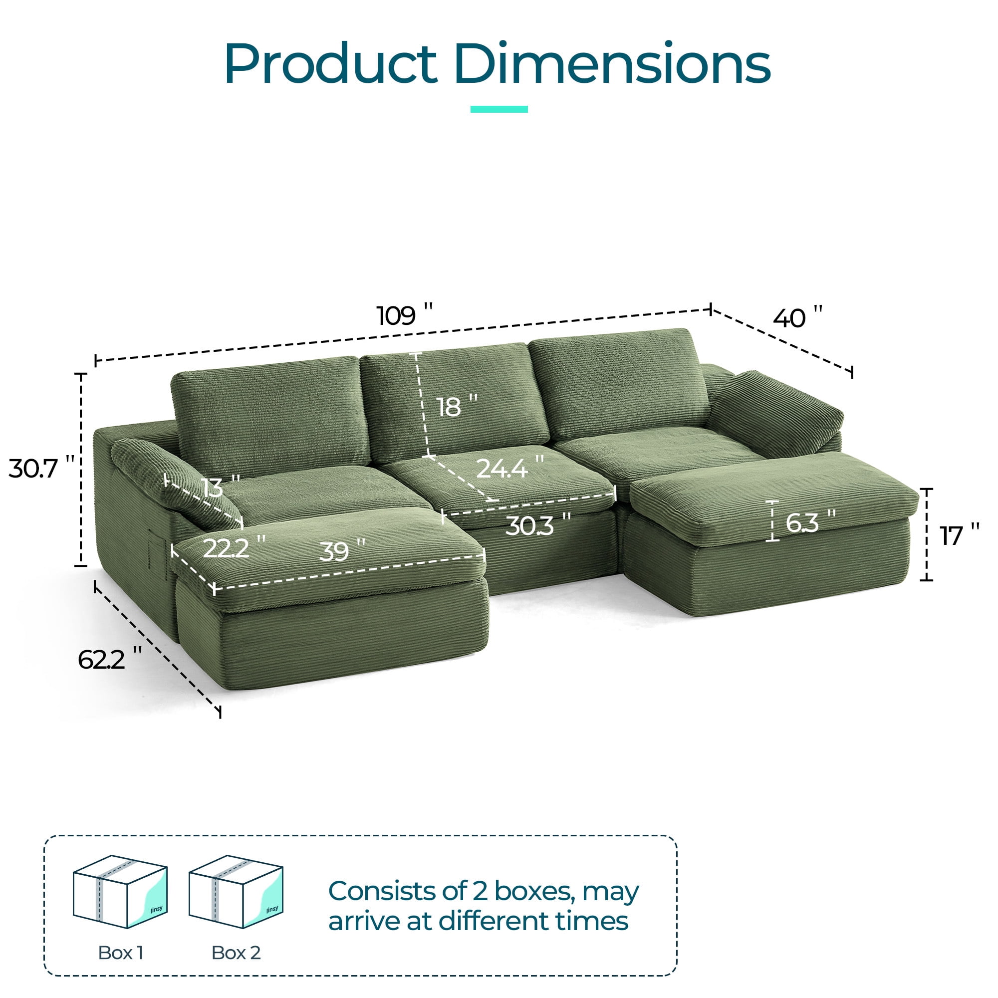 LINSY HOME Oversized 109" Boneless Sectional Couches for Living Room, U-Shaped Cloud Couch Sofa with Corduroy Fabric, 3 Seat Foam Sofa with 2 Ottomans, No Assembly Required, Green