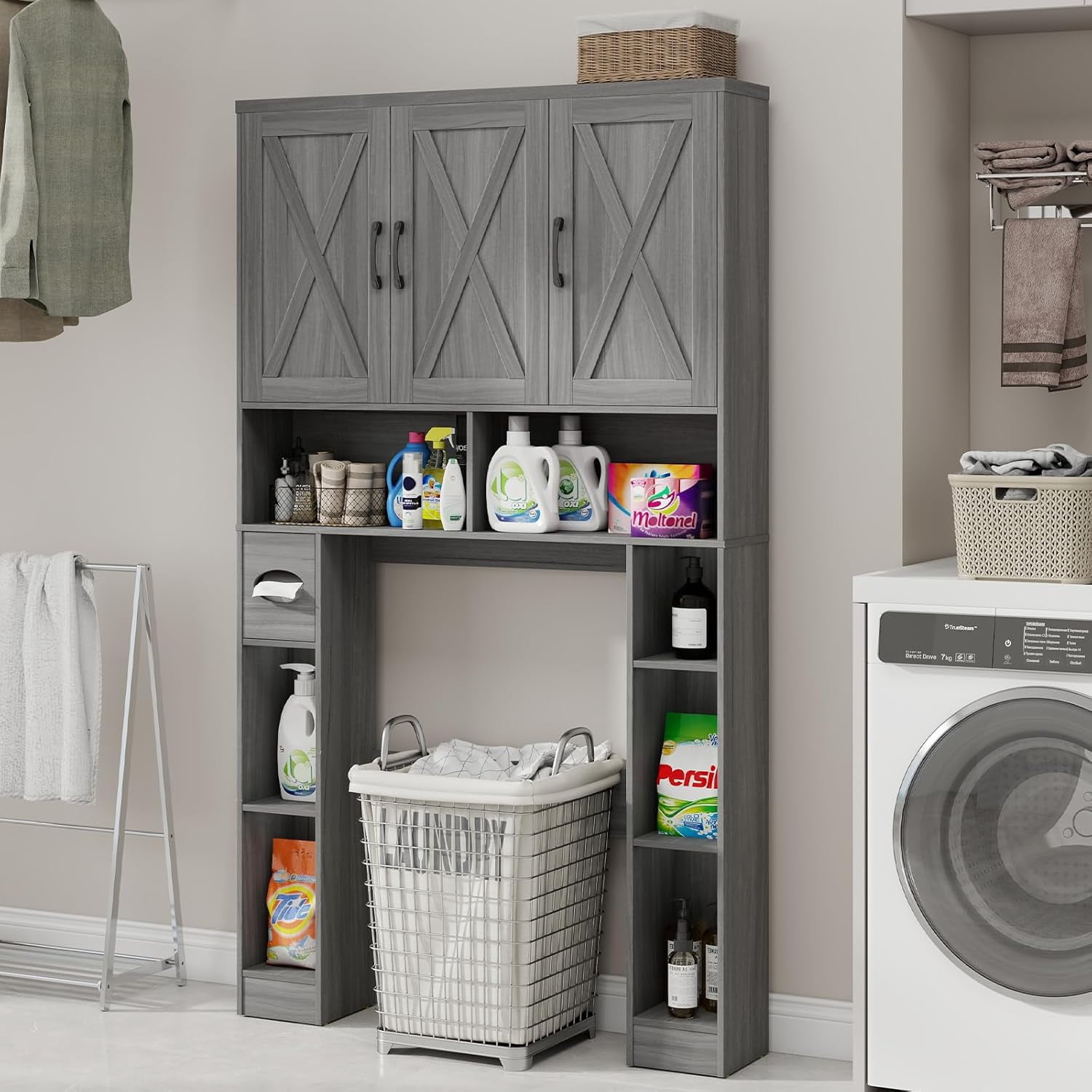 Vabches 67" Over The Toilet Storage Cabinet with Adjustable Shelf and Paper Holder, Freestanding Bathroom Storage Organizer with Open Storage Shelf