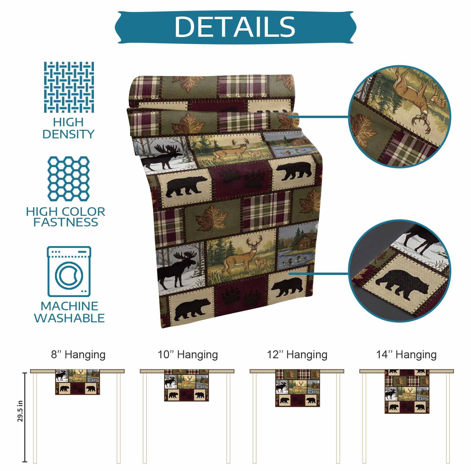 Boho Bear Deer Table Runner 18x72 Inch Rustic Cabin Country Forest Mountain Leaf Cotton Linen Dining Table Runner Ideal for Dresser Kitchen Coffee Tables - Machine Washable