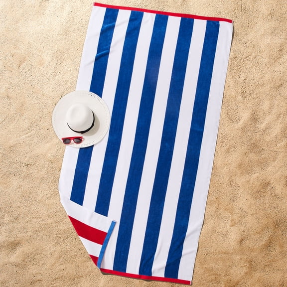Better Homes & Gardens Oversized Reversible Cotton Blend Navy & Red Cabana Striped Beach Towel, 38” x 72"