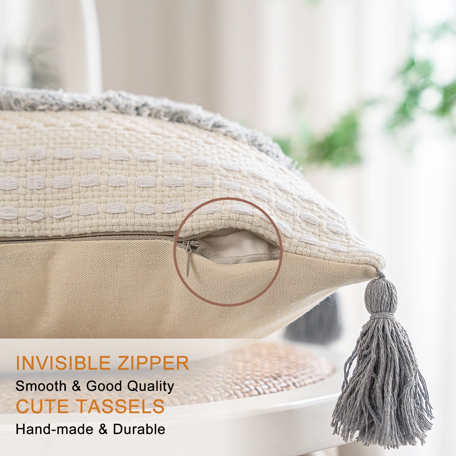 Skodaer 2 Pack Boho Decorative Throw Pillow Covers Tufted Woven with Tassel Series Pillow Case,20x20,Light Grey