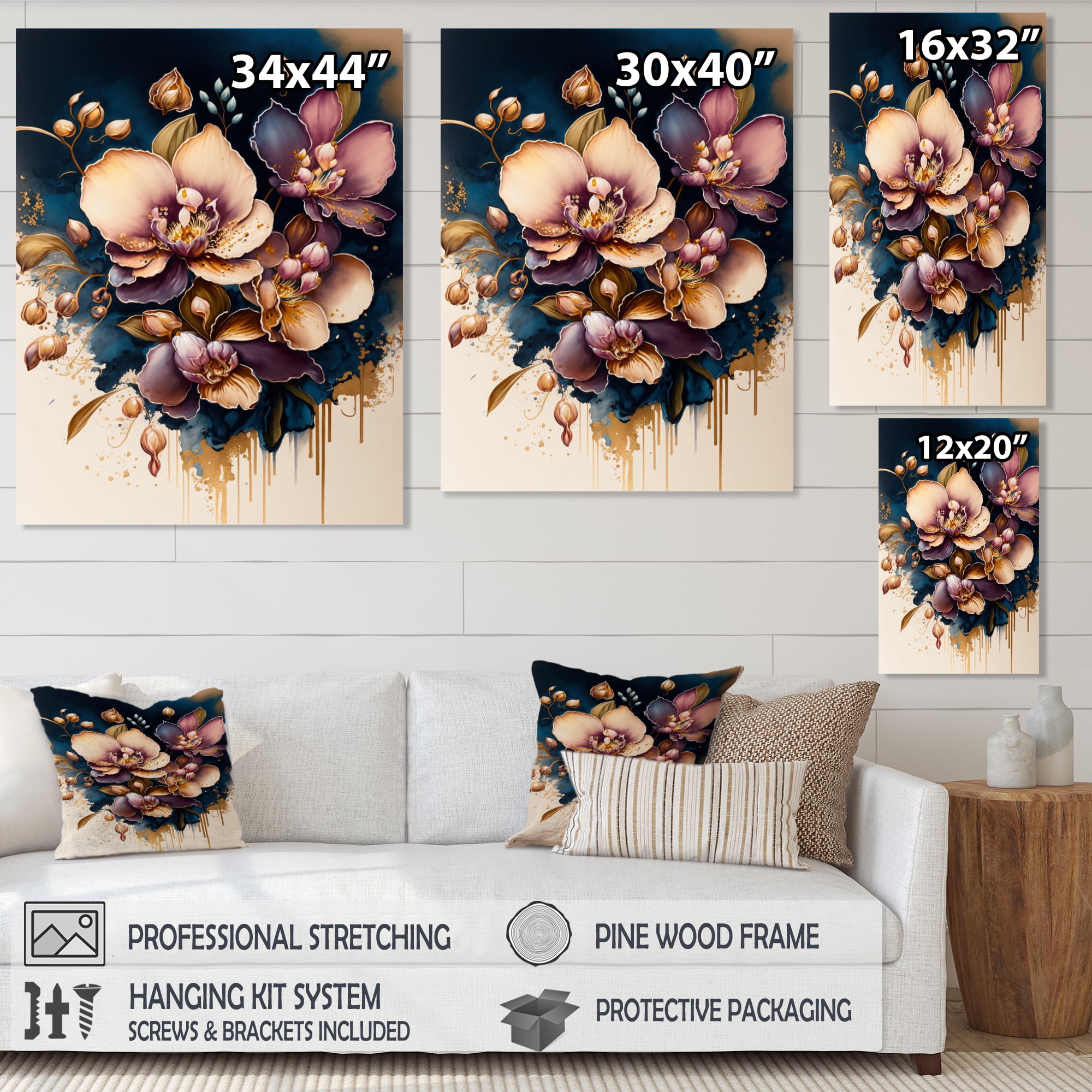 Designart Burgundy And Blue Orchid Bunch II Canvas Wall Art