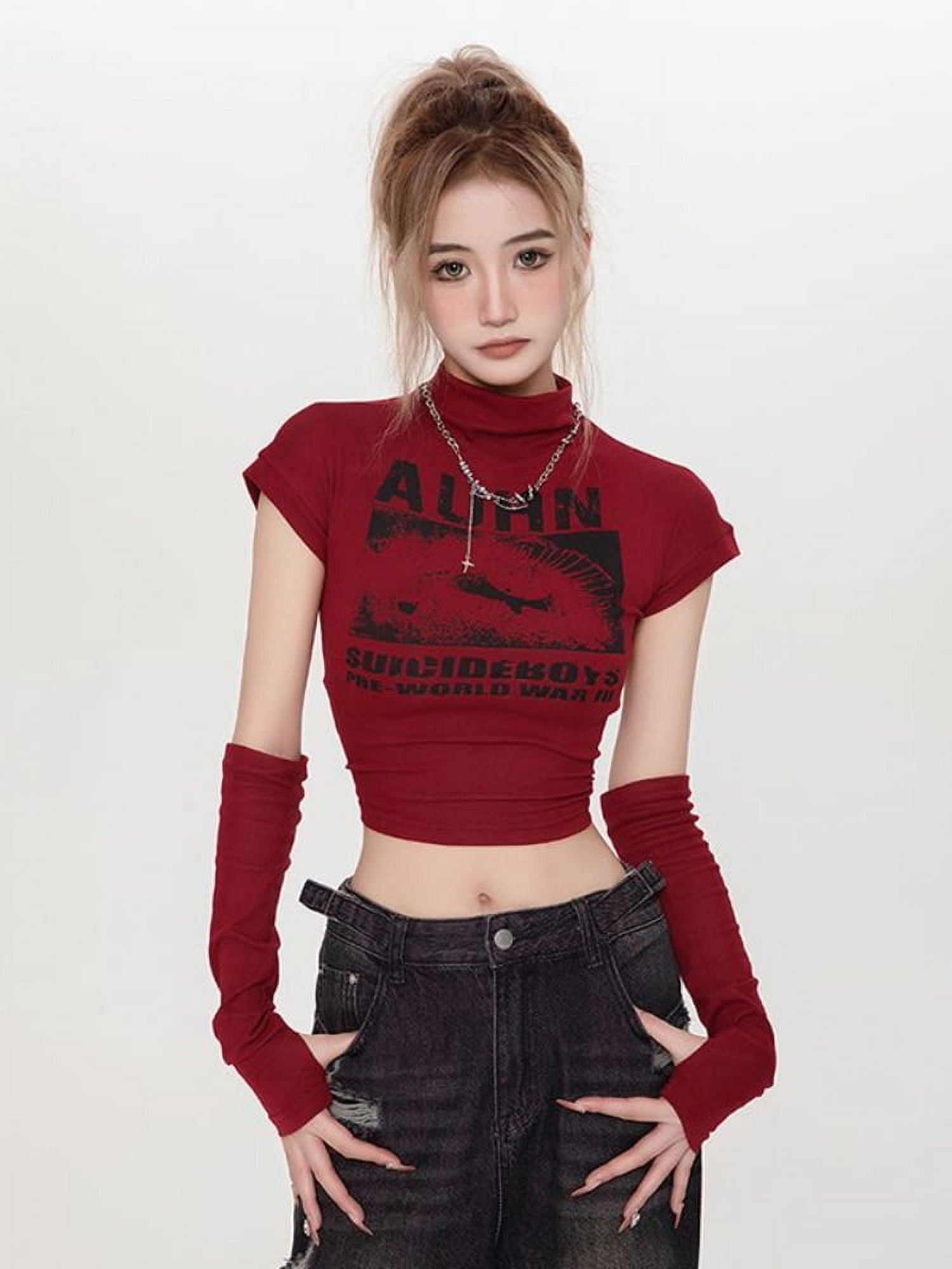 HOUZHOU Y2k Red Tops for Women Vintage 2000s Aesthetic Kpop
