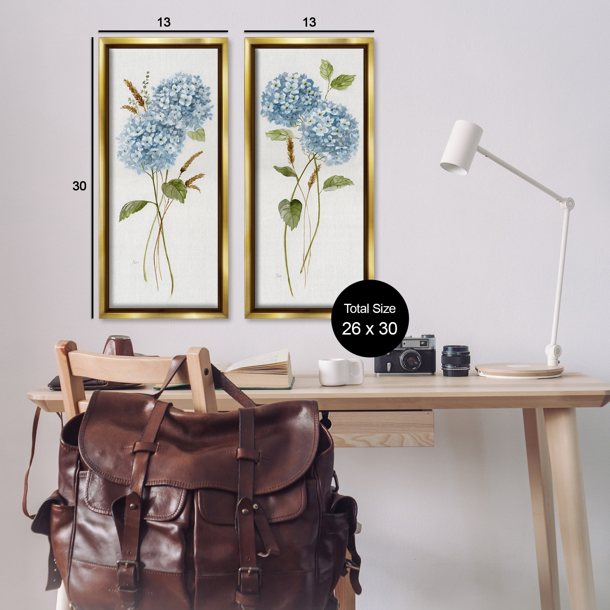 Stupell Industries Blue Hydrangea Long Stems Botanical & Floral Painting Gold Floater Framed Canvas Art Print Wall Art, 15 x 31, Set of 2