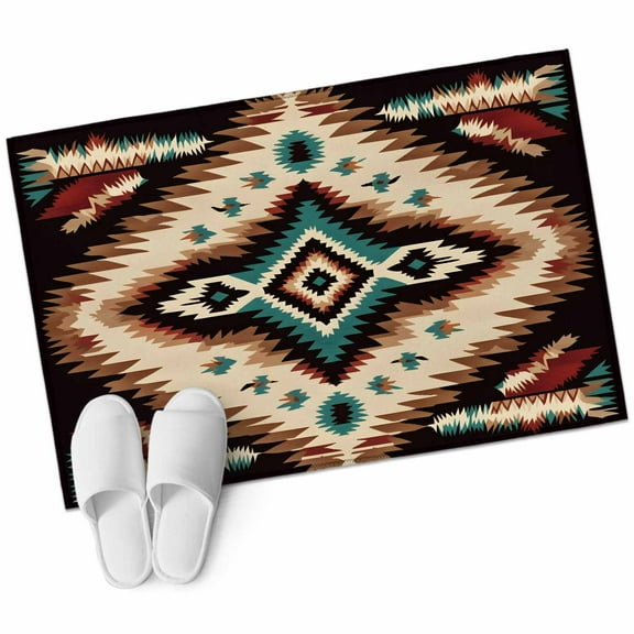 Brown Teal Red Boho Bathroom Mat 2x3 FT, Non Slip Small Kitchen Mat, Southwestern Vintage Geometric Art Washable Soft Backed Front Door Throw Rug Indoor Outdoor Doormat for Entryway Sink