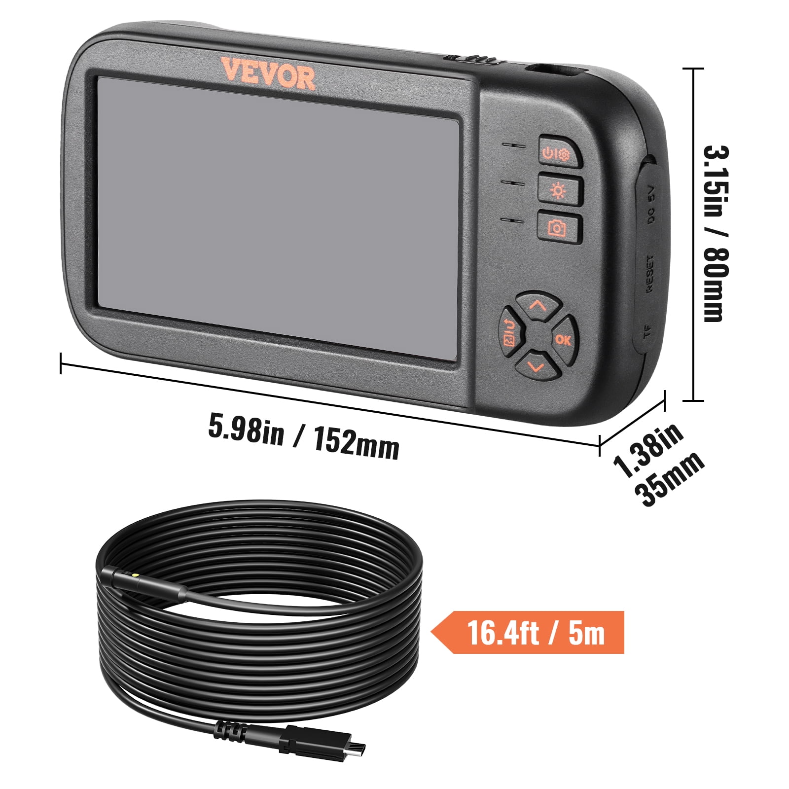 VEVOR Borescope Camera, Triple Lens Endoscope Camera with Light, 4.5" Screen 1080P Inspection Camera with 10 LED Light, IP67 Waterproof Drain Snake Camera for Auto, Plumbing (16.5FT Cable, 32GB Card)
