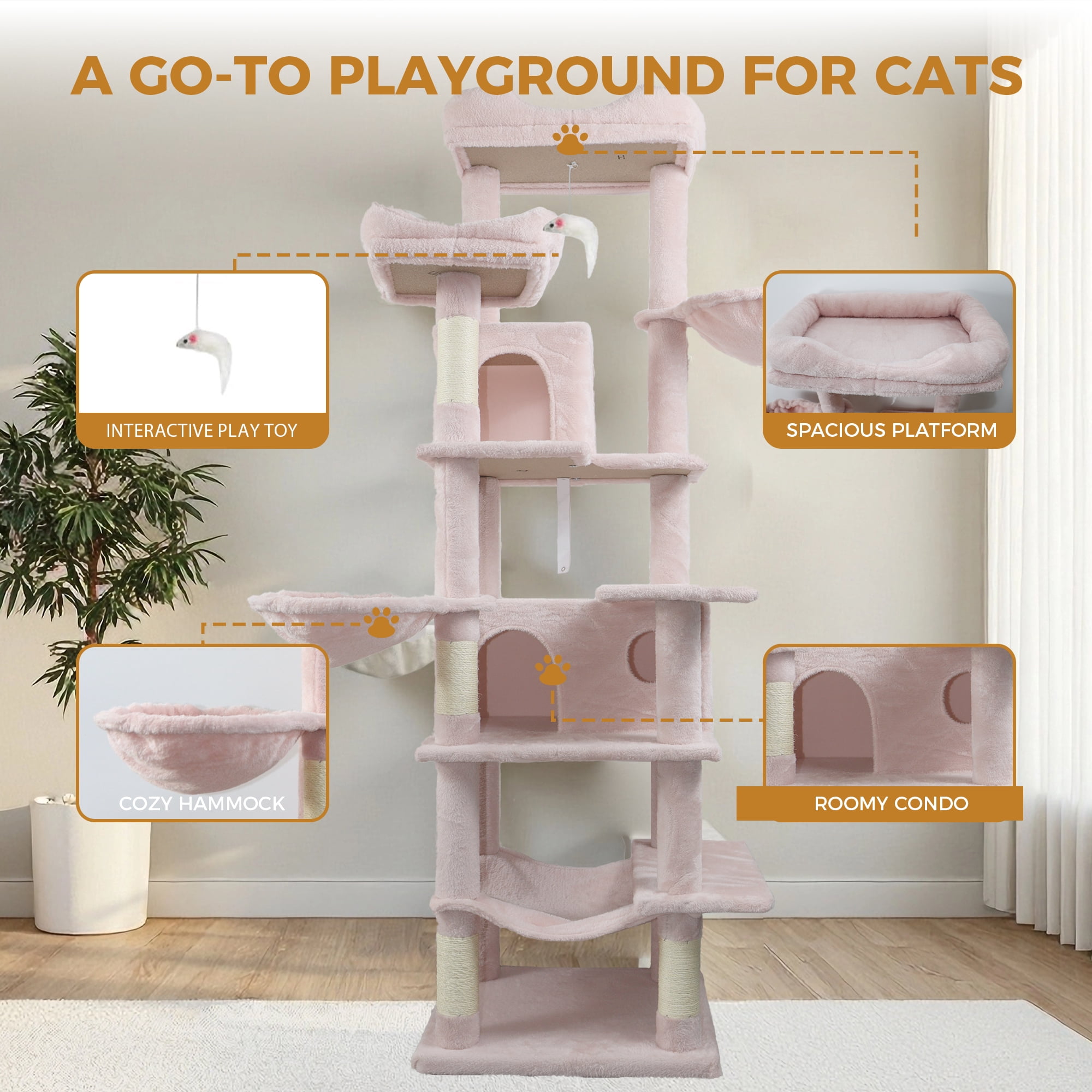 6-Level Cat Tree, Removable Cushions, Sisal Scratching Posts, Cozy Hideaways & Hammocks