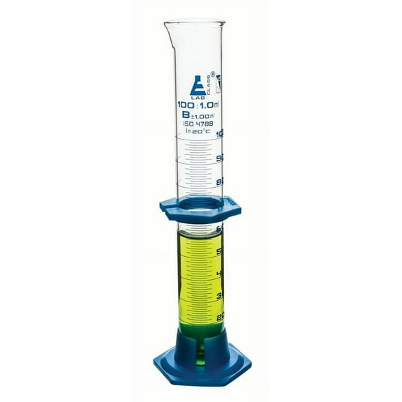 100ml Graduated Cylinder, Class 'B' Borosilicate Glass, Eisco Labs, Detachable Plastic Hex. Base w/ Spout and Protective Guard, Borosilicate Glass w/ 1ml Graduations