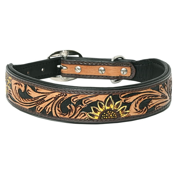 Hilason Sunflower Floral Hand Tooled Strong Genuine Leather Dog Collar Black/Brown Large