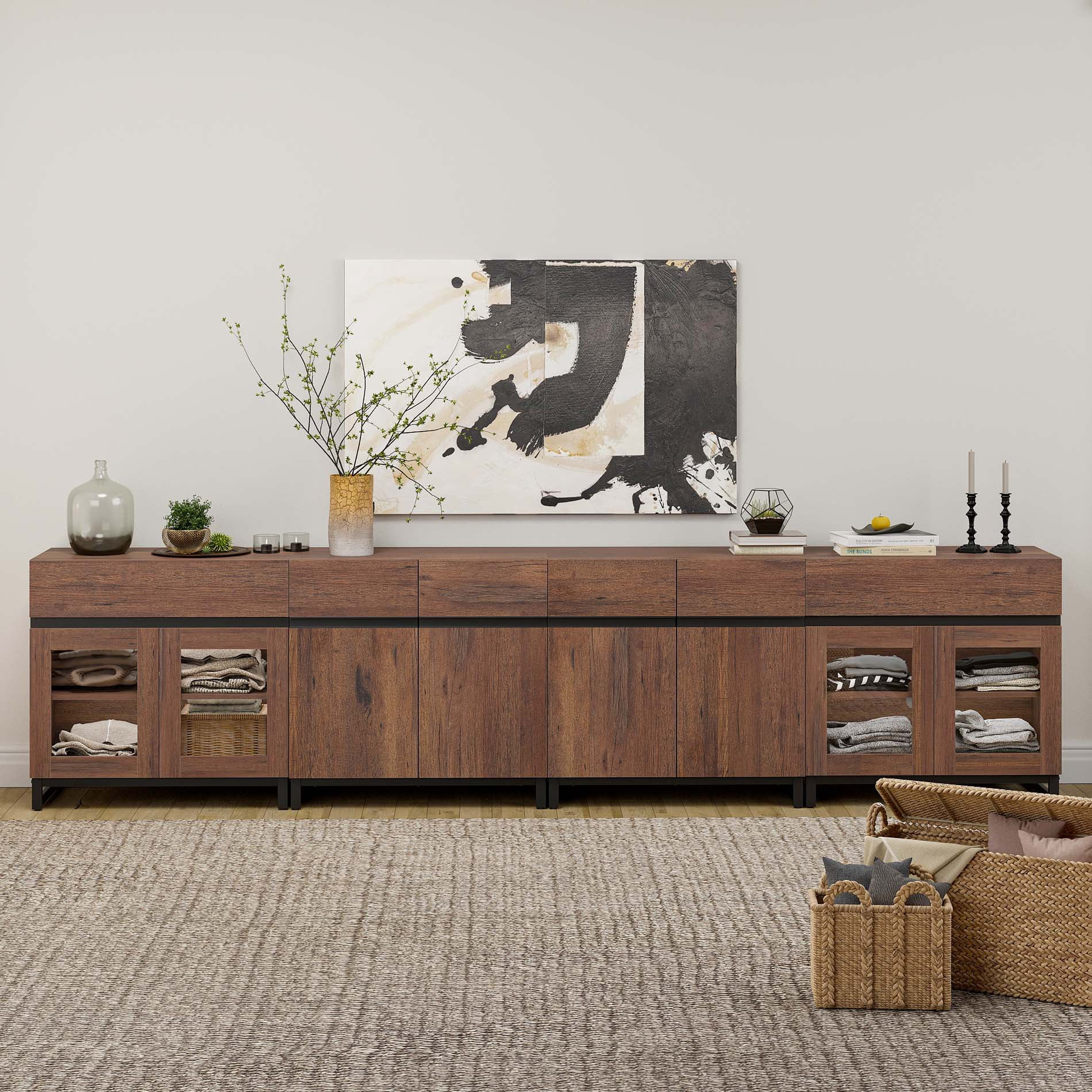 4 In 1 Dresser with Glass Doors and 2 Drawers, Modern Storage Chest with Adjustable Shelf & Metal Base, Multifunctional Closet Organizer for Bedroom Living Room,Brown