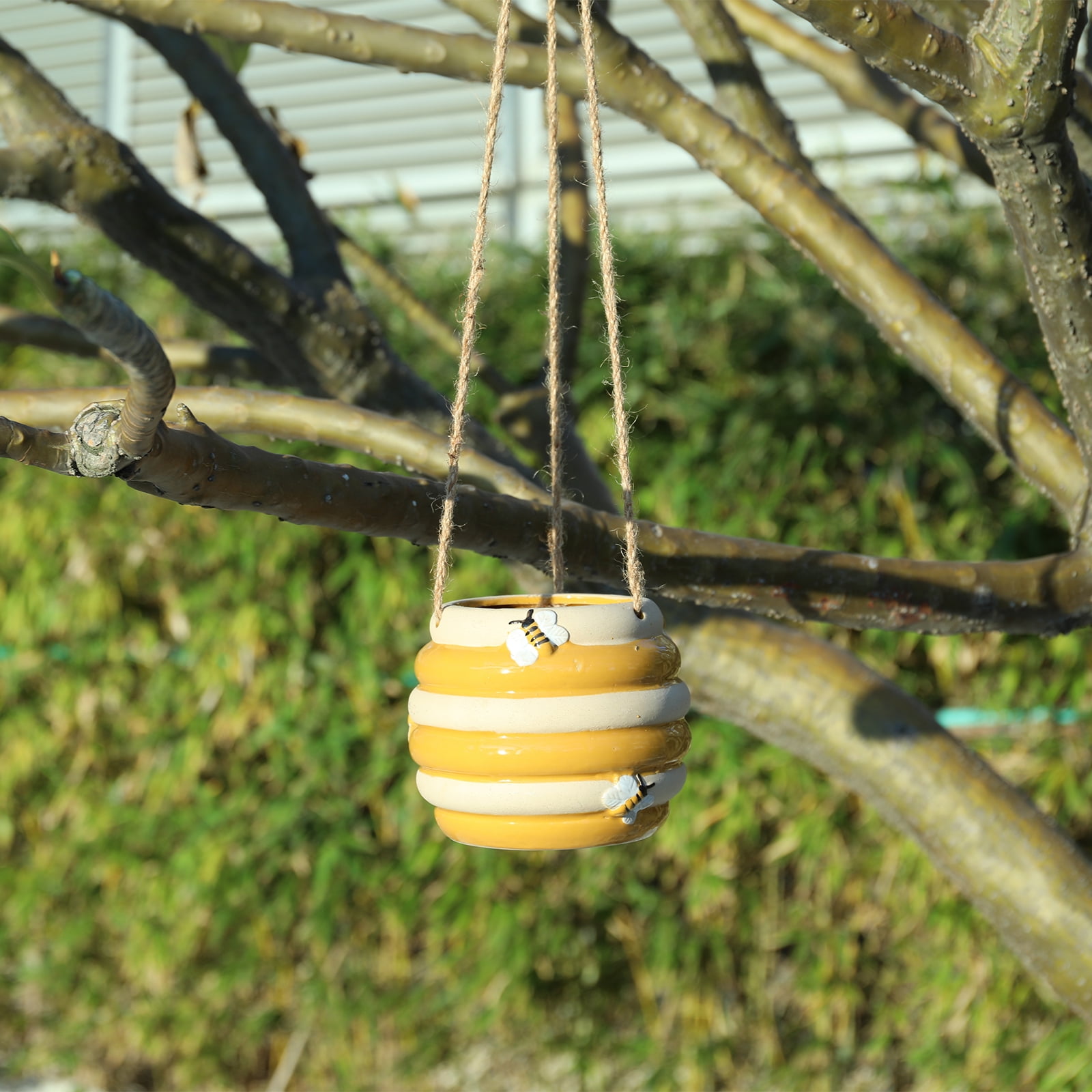 Ceramic Bee Hive Hanging Planter – Yellow & White Striped Flower Pot with Jute Rope Hanger, Bee Decor for Indoor/Outdoor Plants, Succulents & Flowers