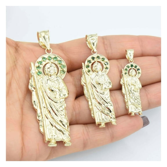 CZ St. Jude with Emerald Halo Unisex Adult Pendant 10K Yellow Gold, All Sizes – Goldum NYC