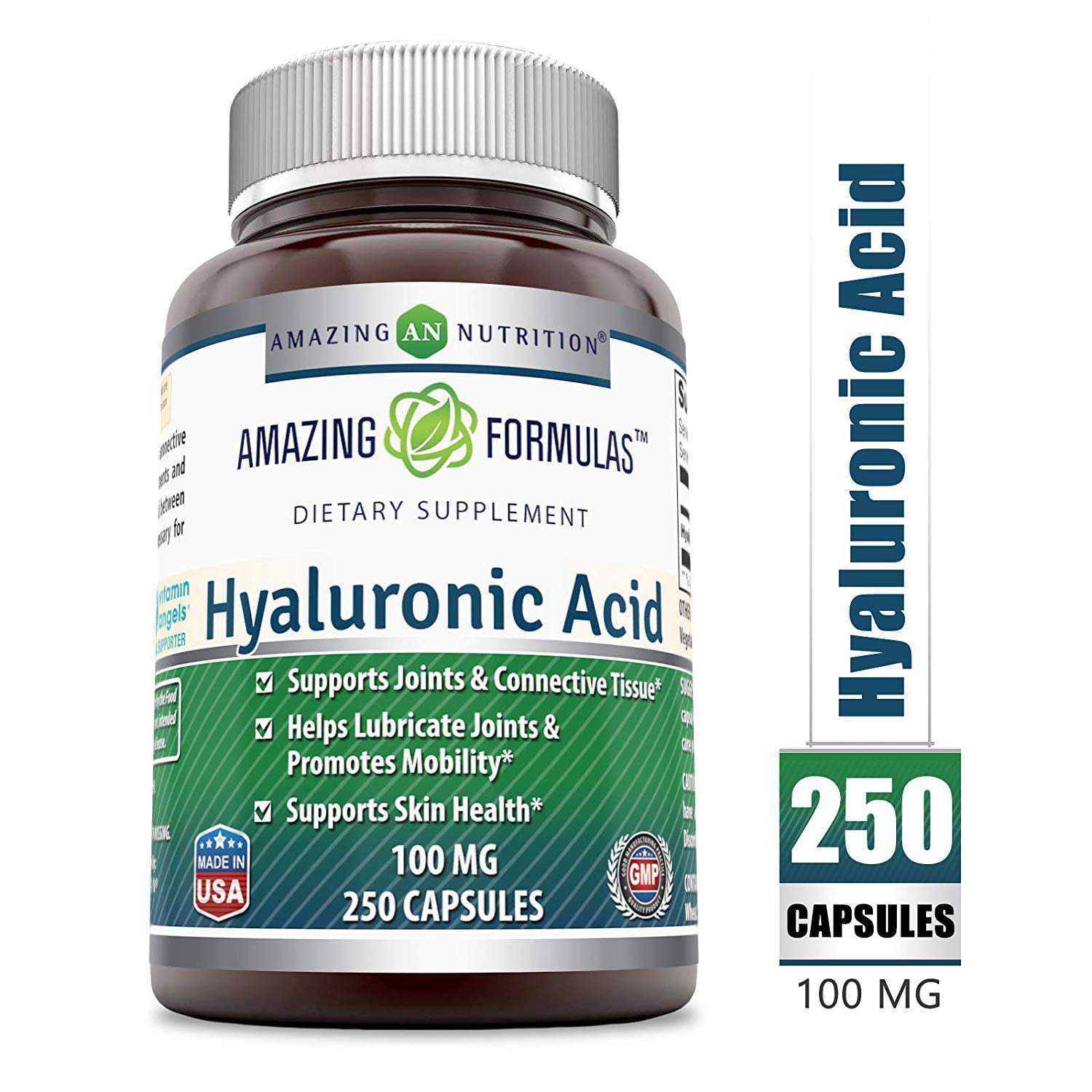 Amazing Formulas Hyaluronic Acid 100 mg 250 Capsules - Support Healthy Connective Tissue and Joints - Promote Youthful Healthy Skin