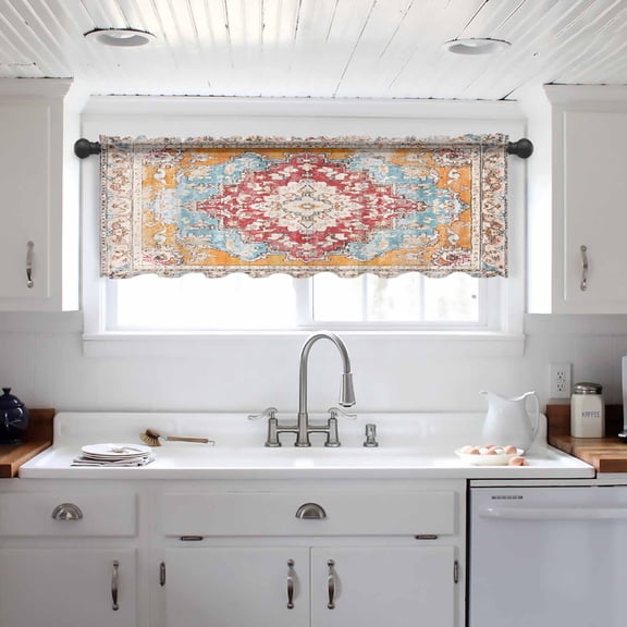 Vintage Ethnic Valance Curtains for Kitchen/Living Room/Bathroom/Bedroom Window, Boho Tribes Modern Orange Middle Century Rod Pocket Small Topper Half Short Window Curtains Voile Sheer Scarf 42"x18"