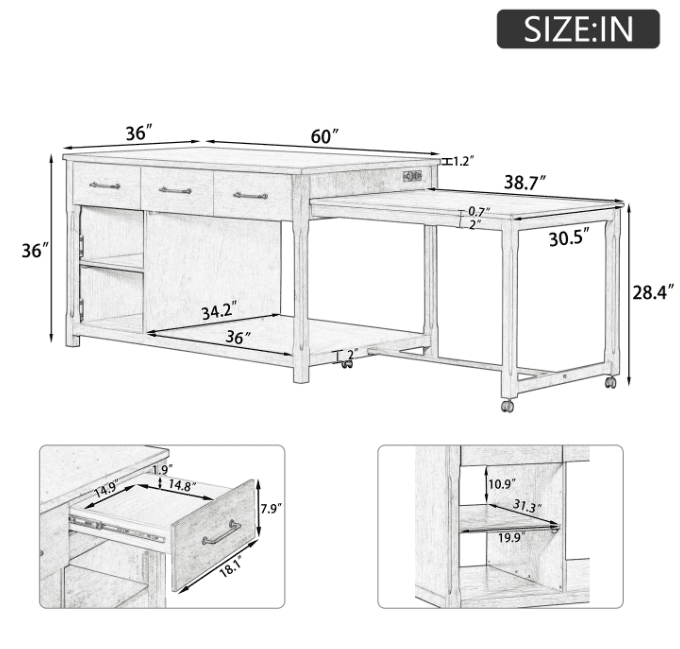 Euroco Expandable Retro Kitchen Island with Hidden Countertop Extension, Power Outlets & USB Ports – 3 Drawers, Open Shelves, Solid Wood Frame