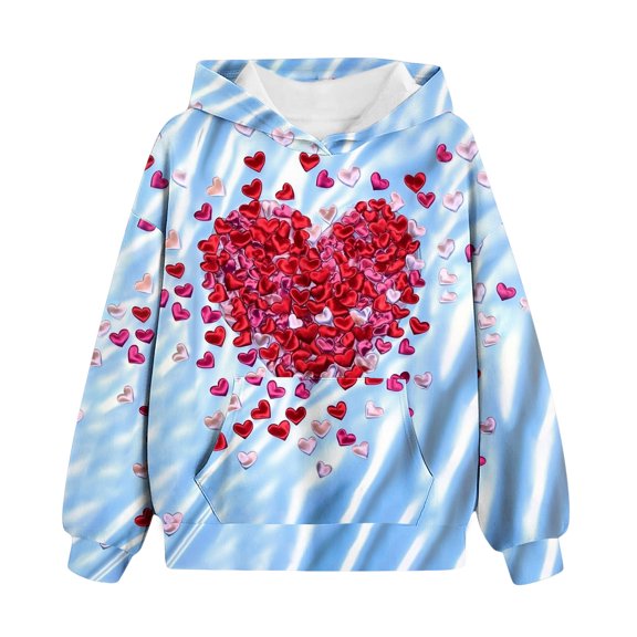 Gpaecead Hoodies for Teen Girls Valentine's Day Heart Printed Pullover Long Sleeve Sweatshirts 4 Years Blue