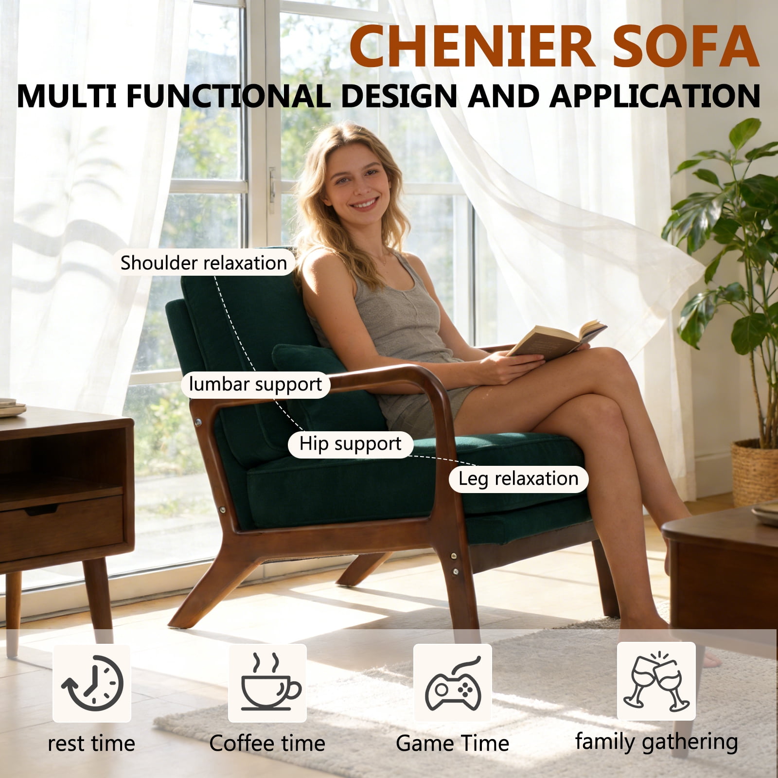 Leumius Modern Accent Chair,Mid-Century Single Upholstered Living Room Chair with Curved Wood Armrests and Lumbar Cushion for Living Room,Bedroom,Dark Green