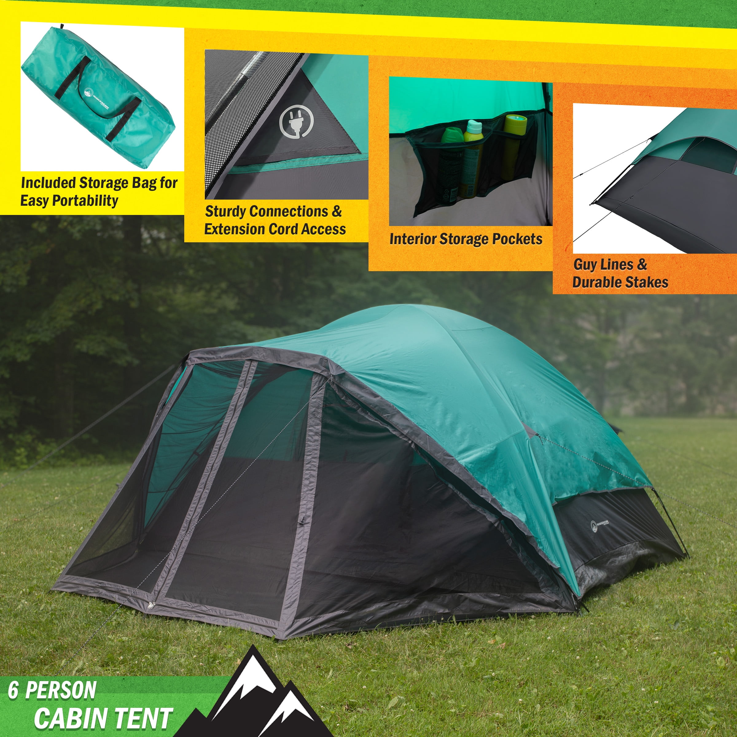 Wakeman Outdoors Cabin-Style 6 Person Camping Tent with Screen Room, Teal