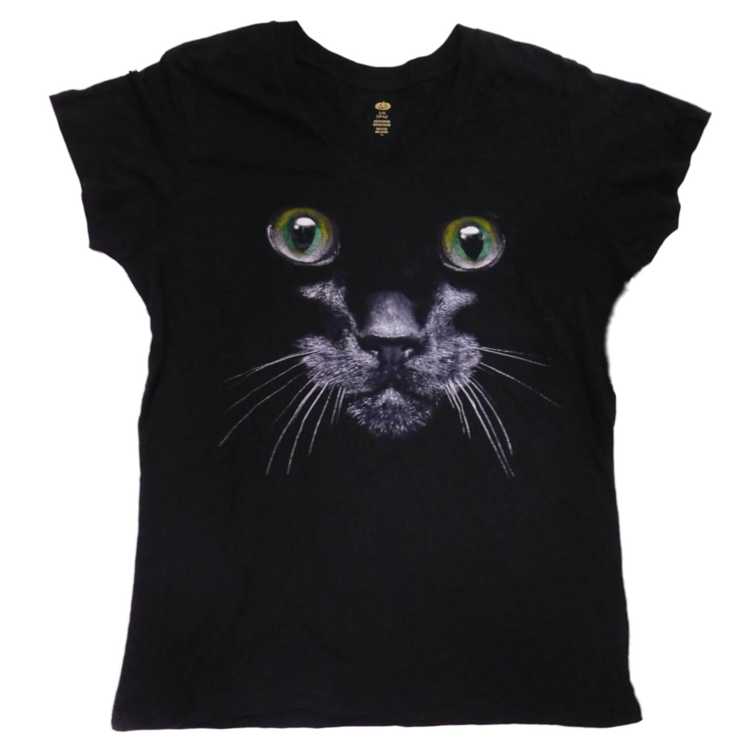 Vintage Cat T-Shirt Funny Cat Glowing Eyes Black Green Kitty Cat Big Logo Shirt