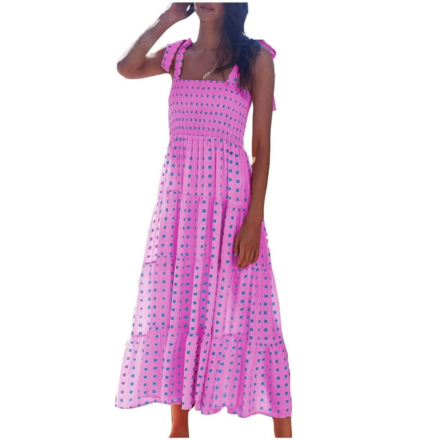 Yuyuzo Boho Maxi Dress for Women 2025 Adjustable Spaghetti Strap Long Dress Square Neck Ruffle A Line Beach Dress