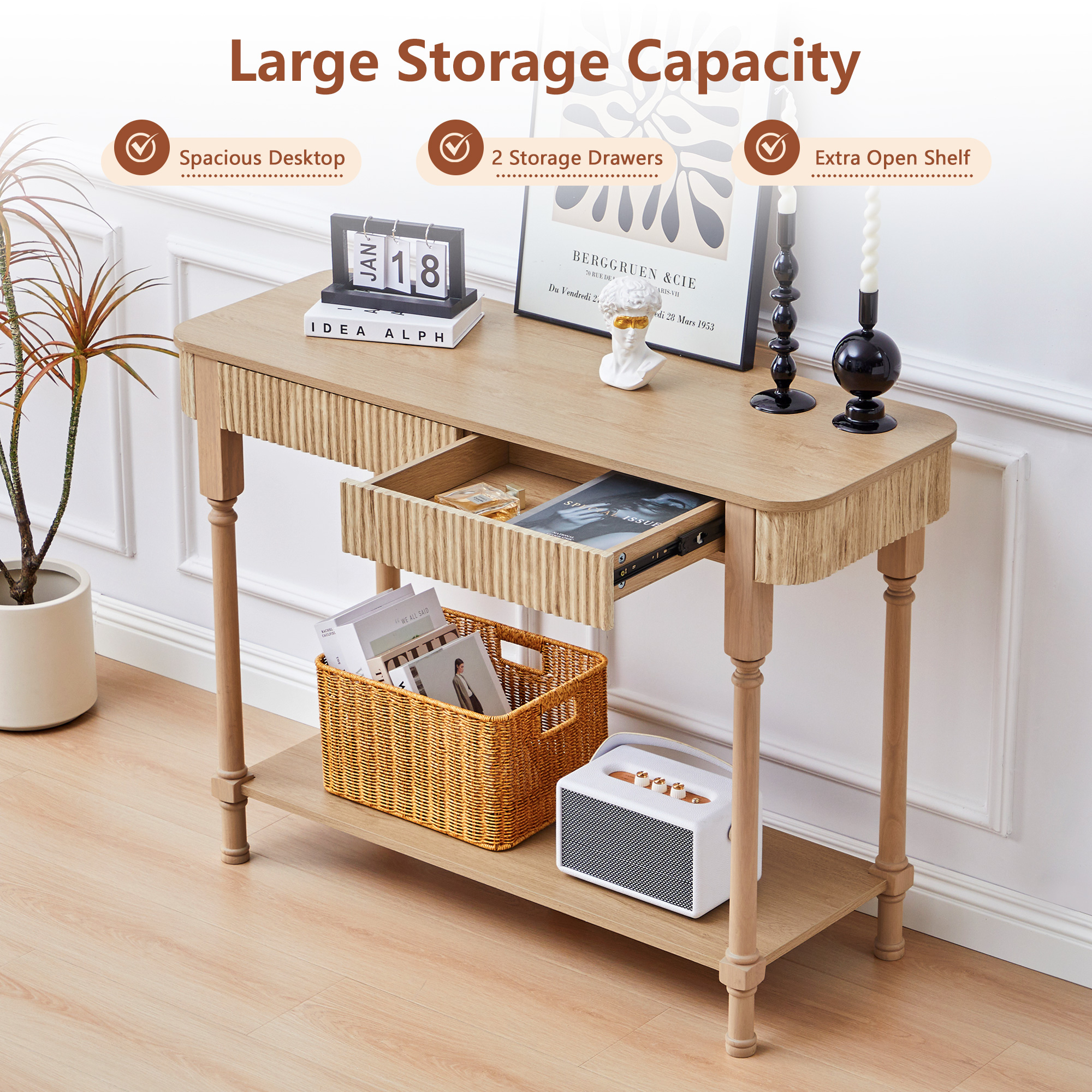 YOCWO Roman Column Console Table, Fluted Sofa Table with 2 Drawer and Open Shelf for Storage, Mid Century Modern Entryway Table for Living Room Hallway, Natural