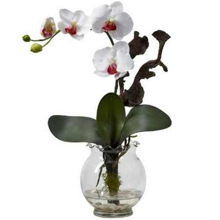 Nearly Natural Mini Phalaenopsis Silk Flower Arrangement with Fluted Vase  White Nearly Natural Mini Phalaenopsis w/Fluted Vase Silk Flower Arrangement