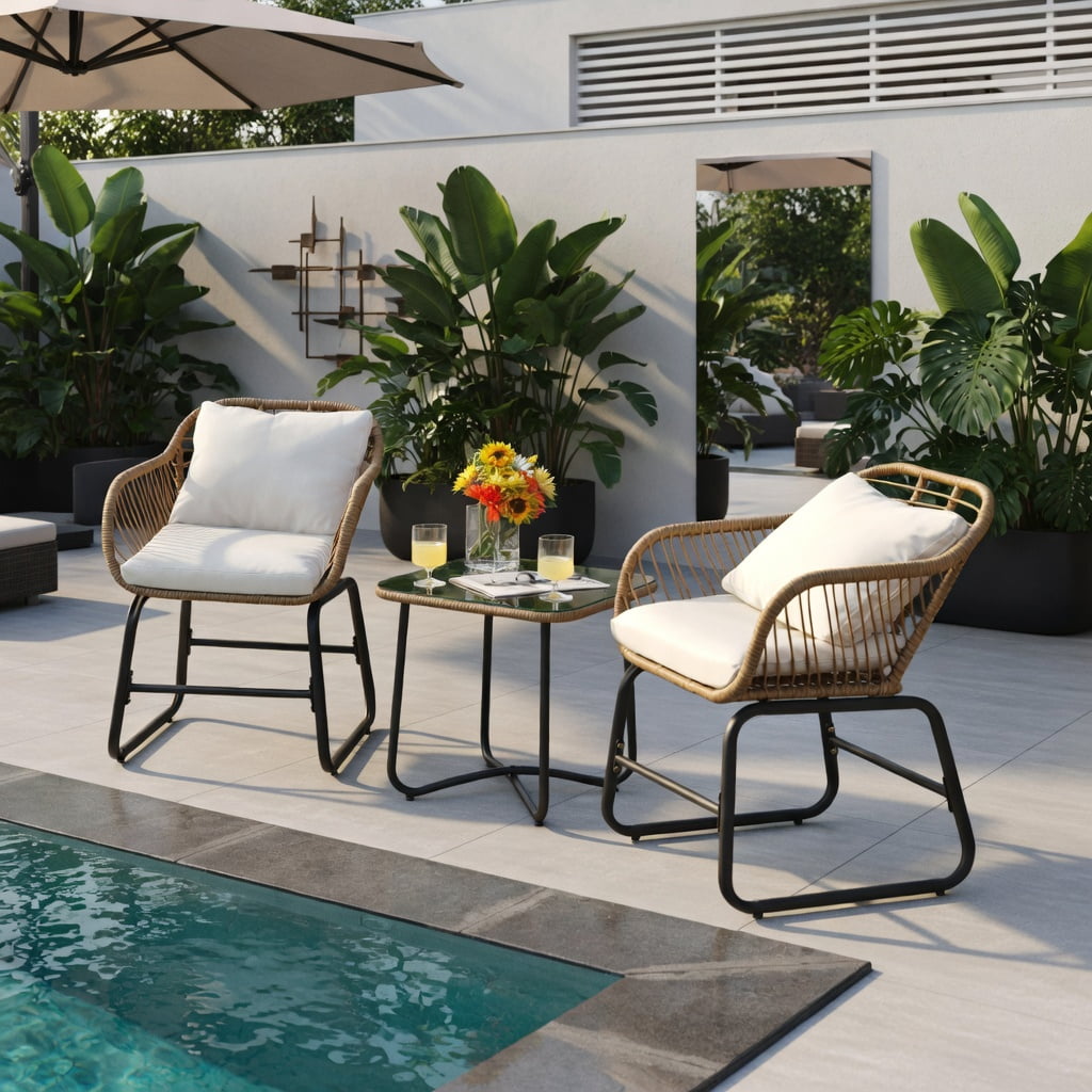 Hommoo 3-Piece Outdoor Bistro Set, PE Rattan Chairs with Square Tempered Glass Coffee Table, Includes Cushions & Lumbar Pillows for Patio, Balcony & Garden, White
