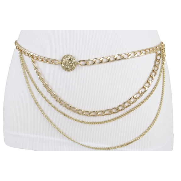 Women Gold Metal Chain Waves Greek Coin Charm Belt M L XL