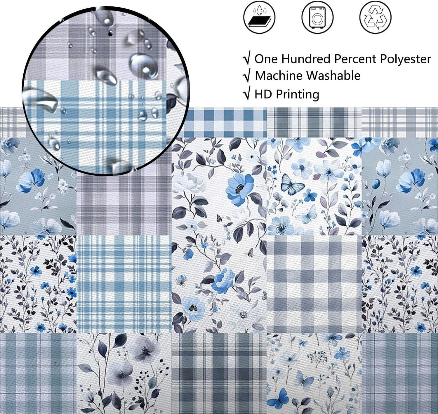 Cute Plaid Floral Shower Curtain, Boho Sage Green Flower Fabric Shower Curtains for Bathroom, Retro Pink Flower Checkered Patchwork Bath Curtain Set Washable Waterproof with 12Hooks 72X72IN