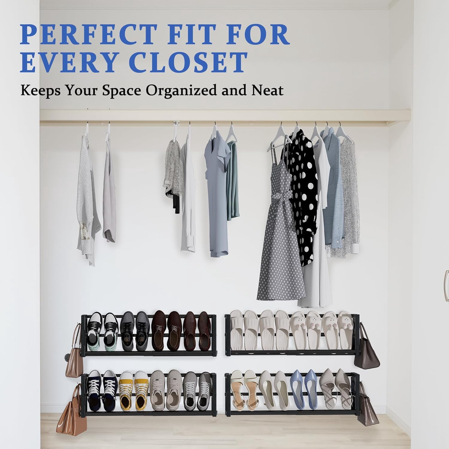 2 Pack Narrow Wall Mounted Shoe Rack for Small Spaces, Hanging Shoe Rack Holds 8 Pairs, 17"-30"Adjustable Heavy Duty Wall Shoe Storage with 4 Storage Hooks,Space Saving for Closet Entryway Door,Black