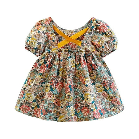 

Girls Dresses Flower Print Dress Puff Sleeve Dress Summer Girl Clothes